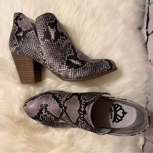Fergalicious Charley Natural Almond Toe V Cut Snake Skin Booties 9.5